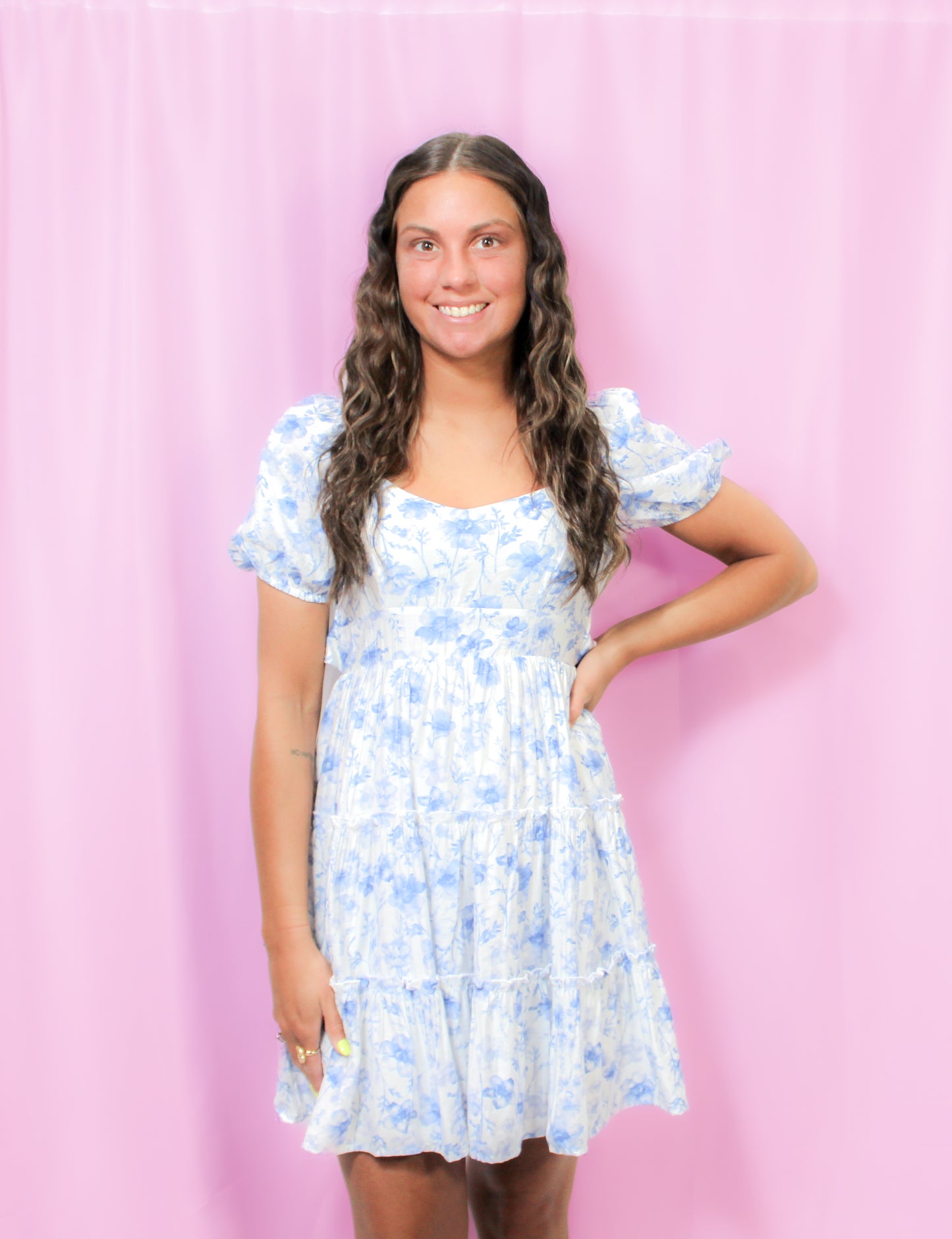 Floral Open Back Mini Dress- BLUE