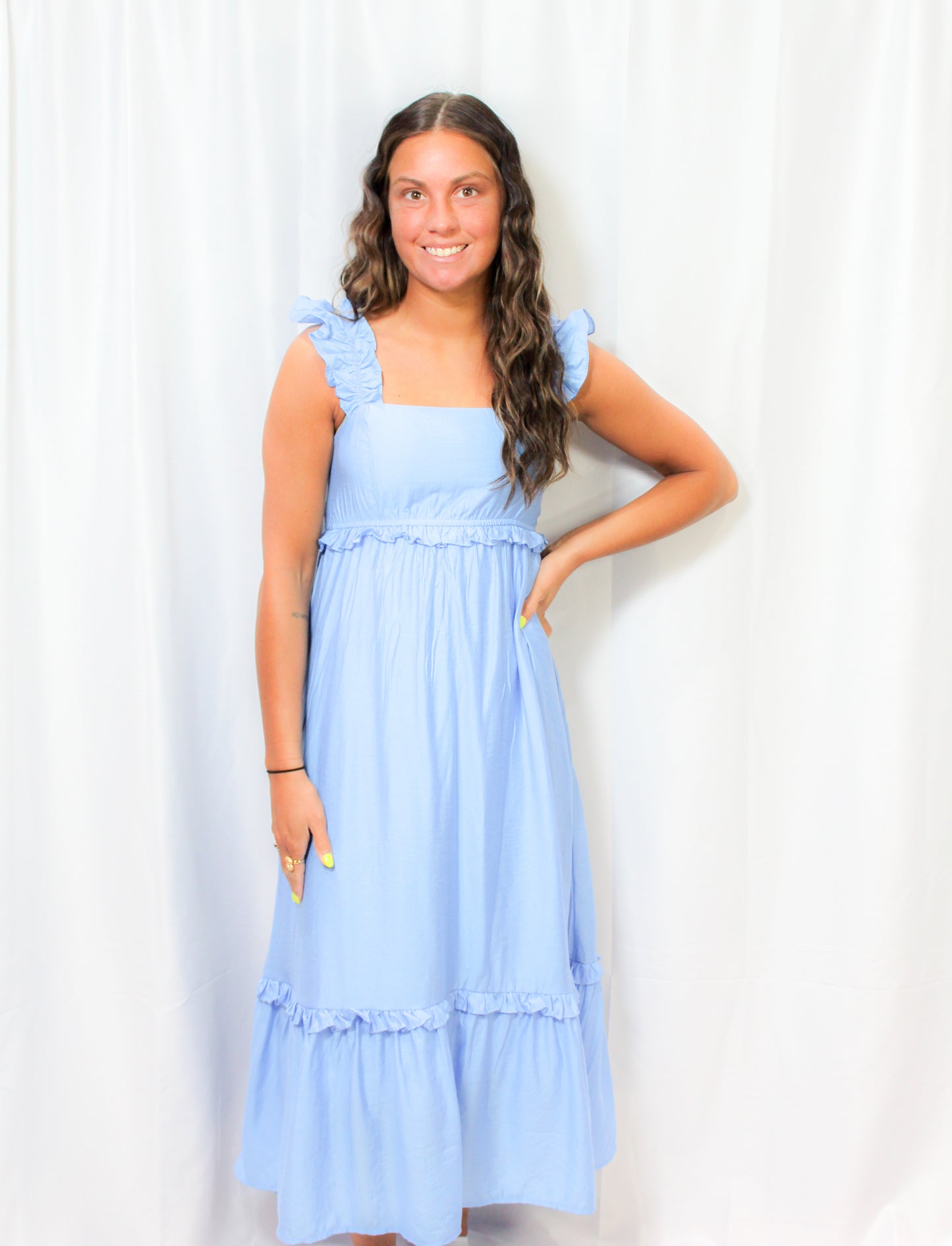 Ruffle Detail Midi Dress- BLUE