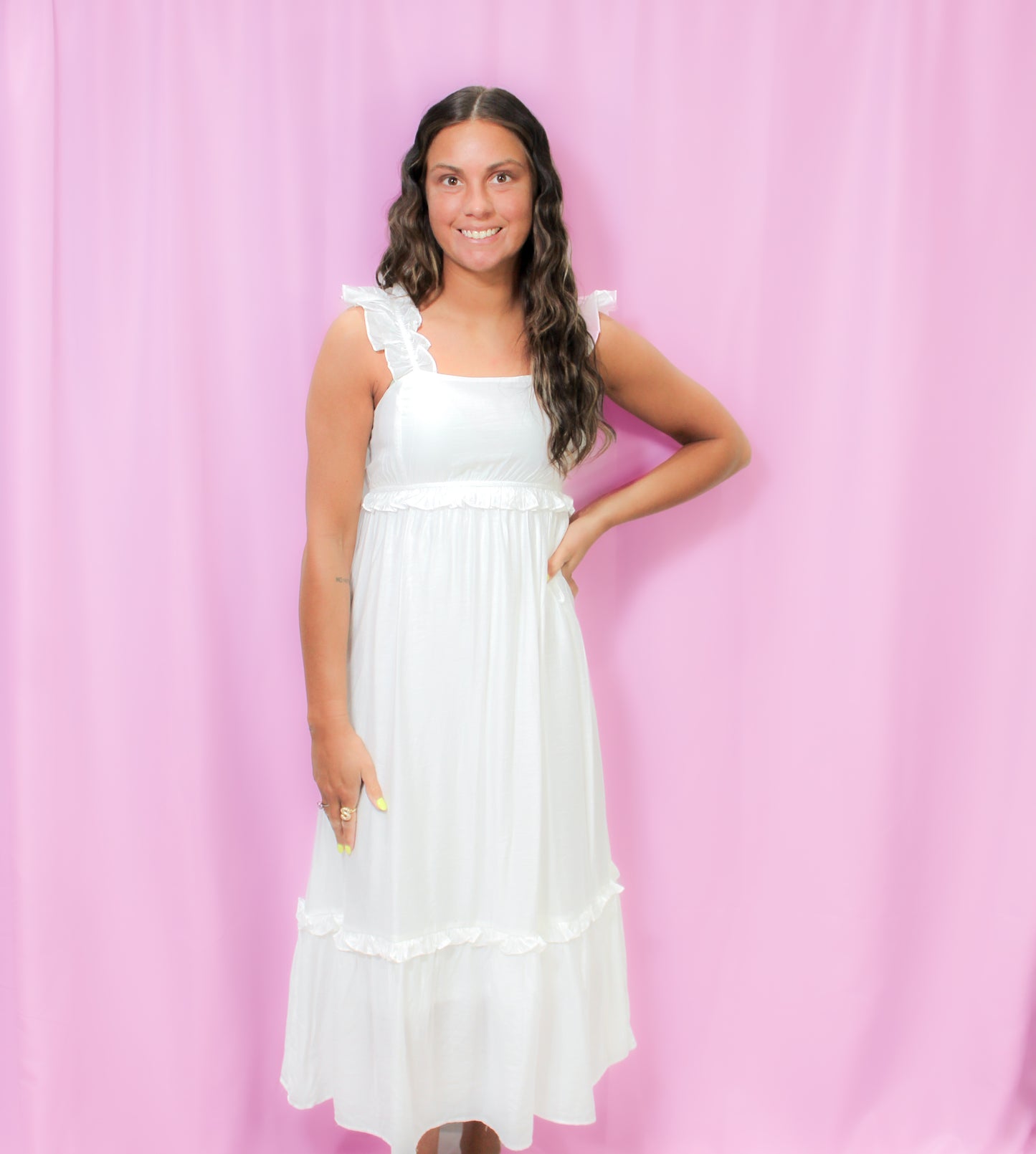 Ruffle Detail Sleeveless Midi Dress- WHITE
