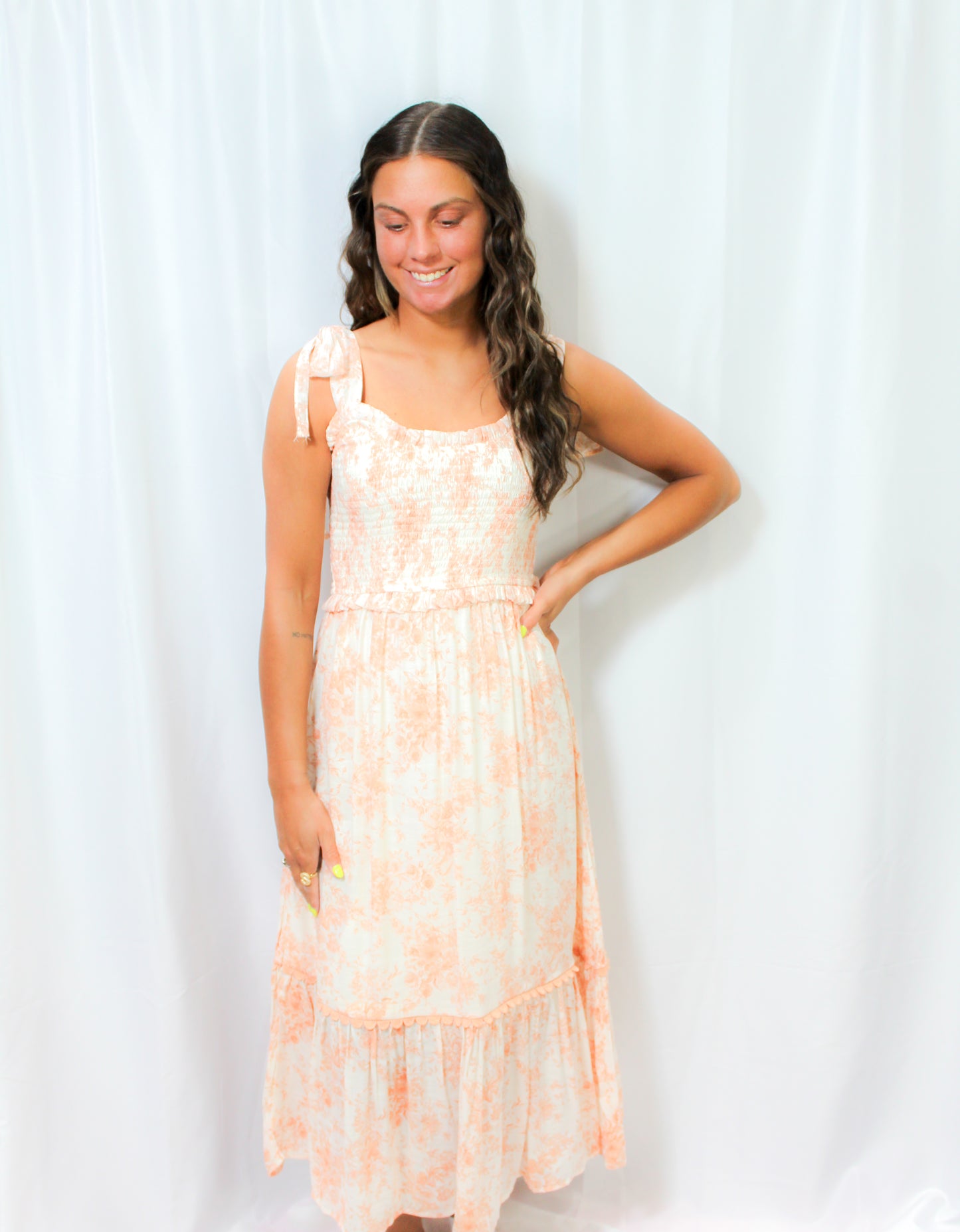 Floral Smocked Sweetheart Midi- APRICOT