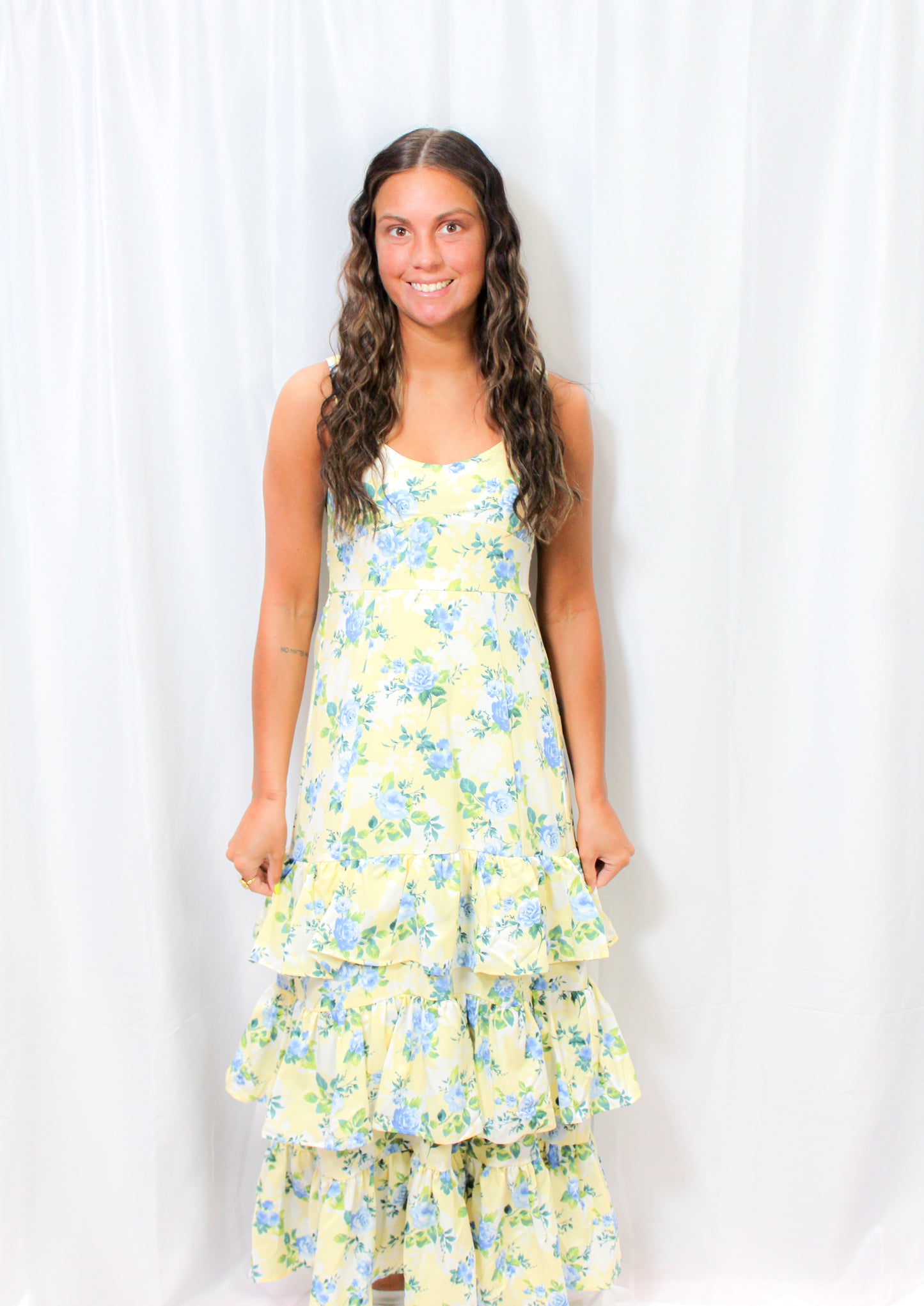 Floral Sleeveless Ruffle Tiered Midi Dress- YELLOW