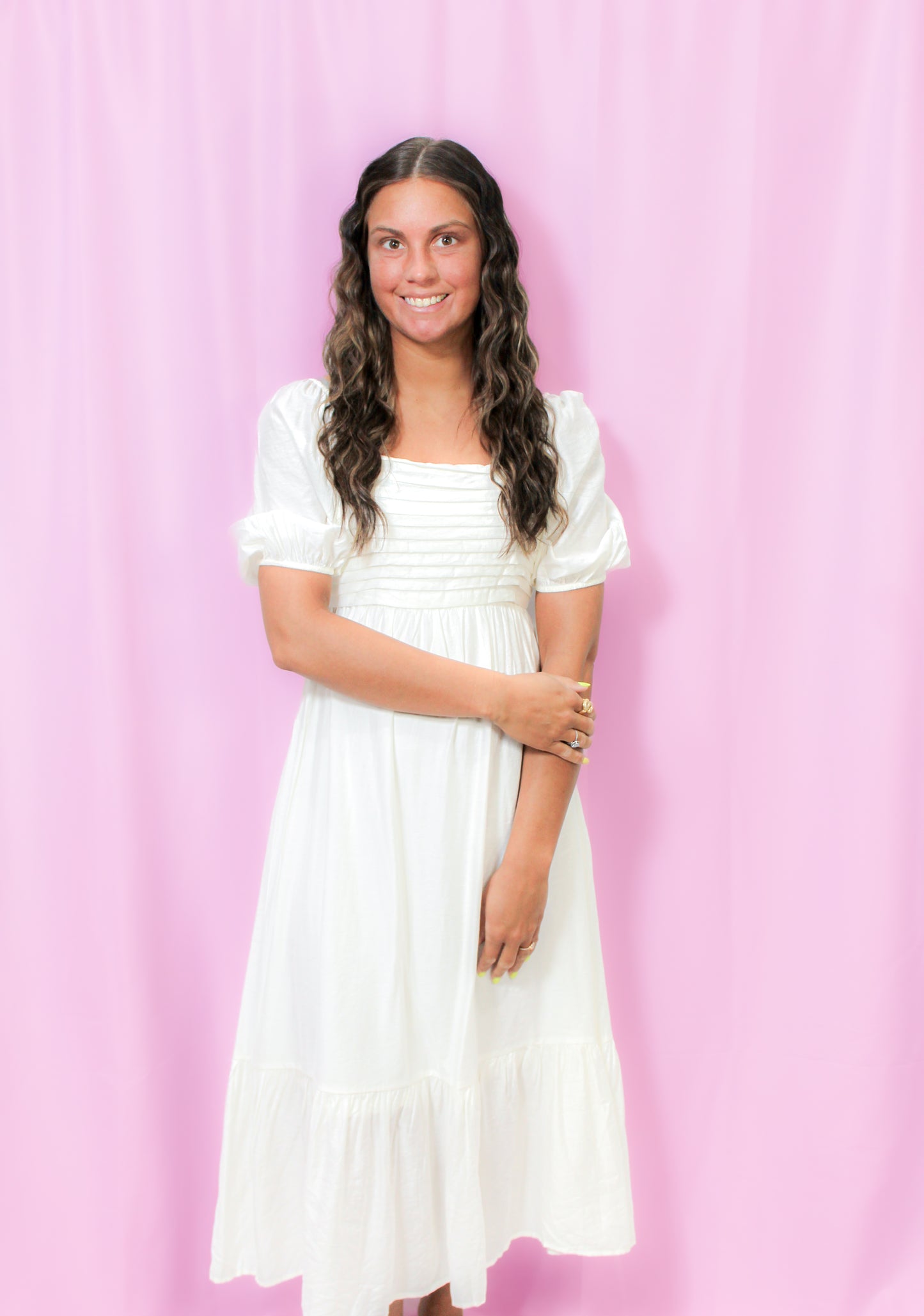 Pleated Puff Sleeve Midi Dress- OFF WHITE