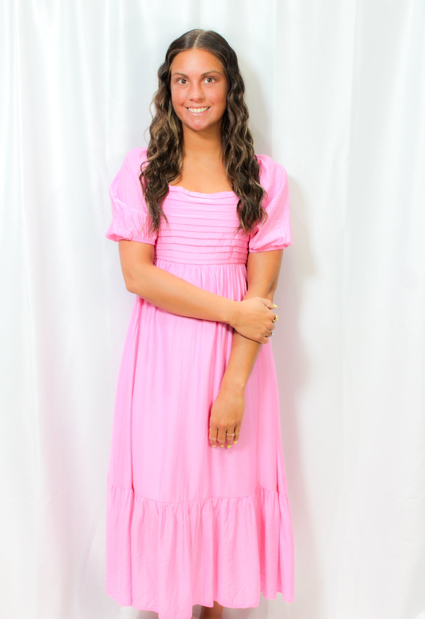 Pleated Puff Sleeve Midi Dress- PINK
