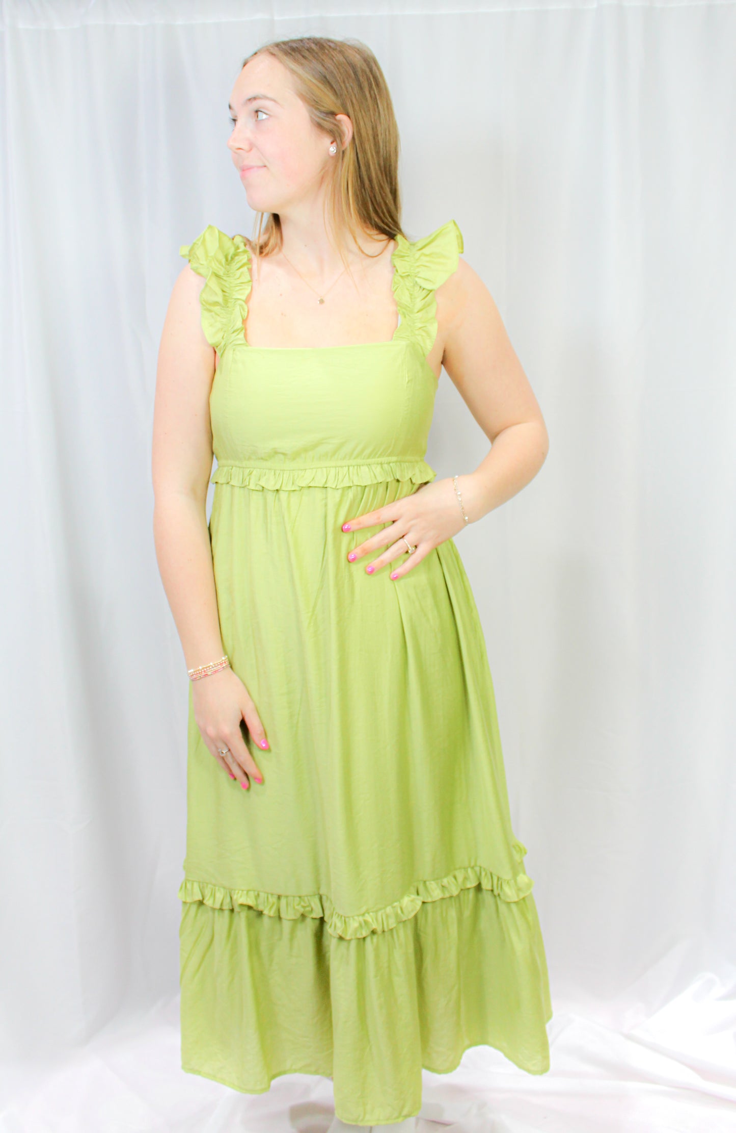 Ruffle Detail Sleeveless Midi Dress- KIWI