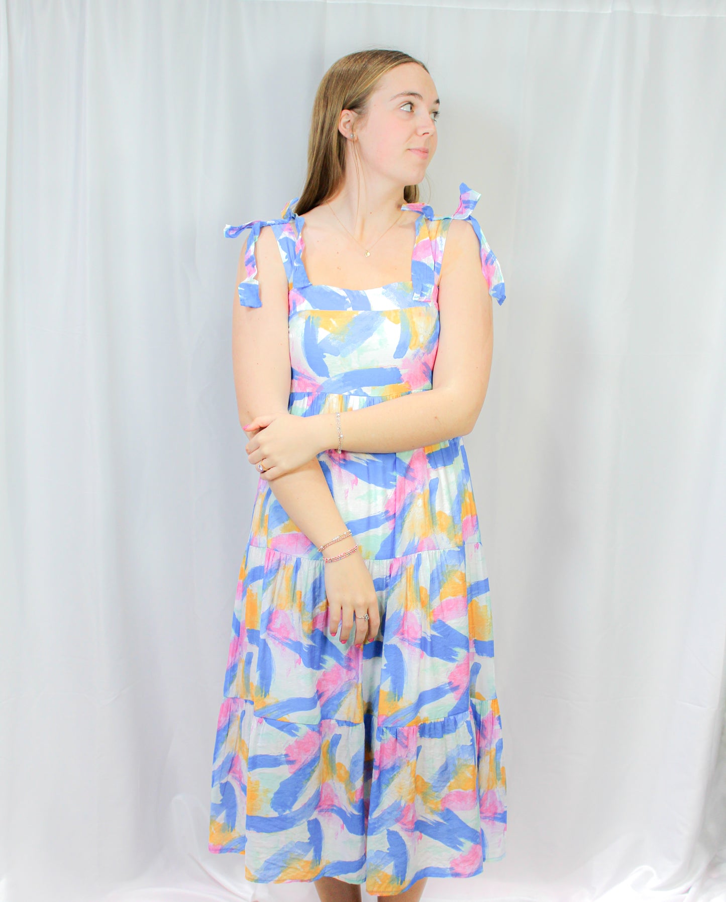 Brush Stroke Paint Midi Dress- BLUE MULTI