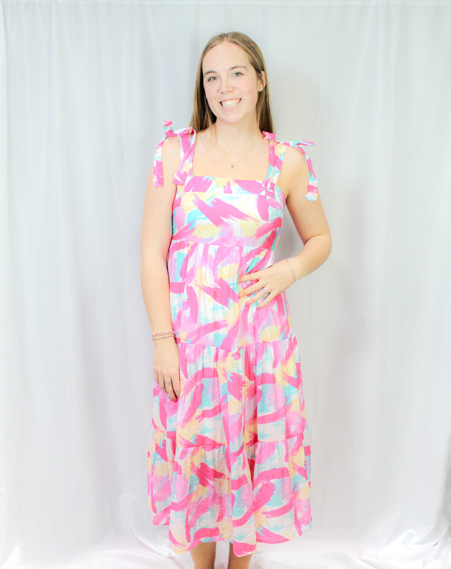 Brush Stroke Painted Midi Dress: PINK MULTI