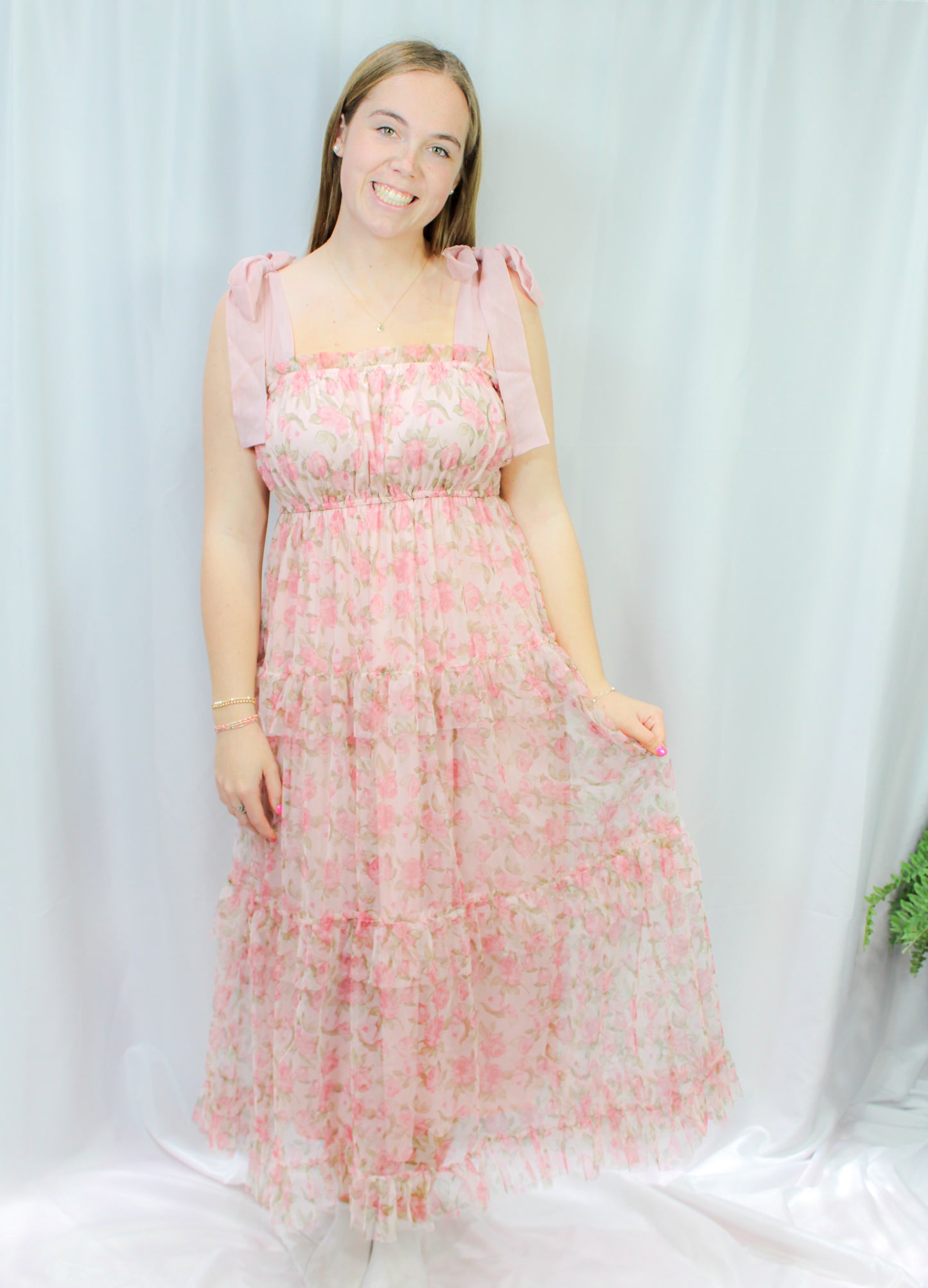 Floral Ruffle Trim Maxi Dress- Pink Multi
