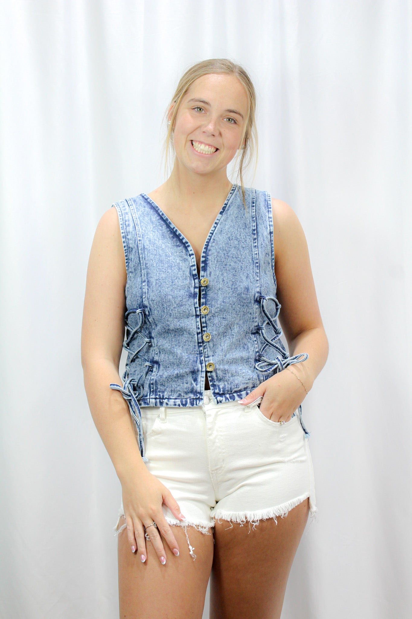 BOHO DENIM VEST TOP WITH LACE UP SIDES