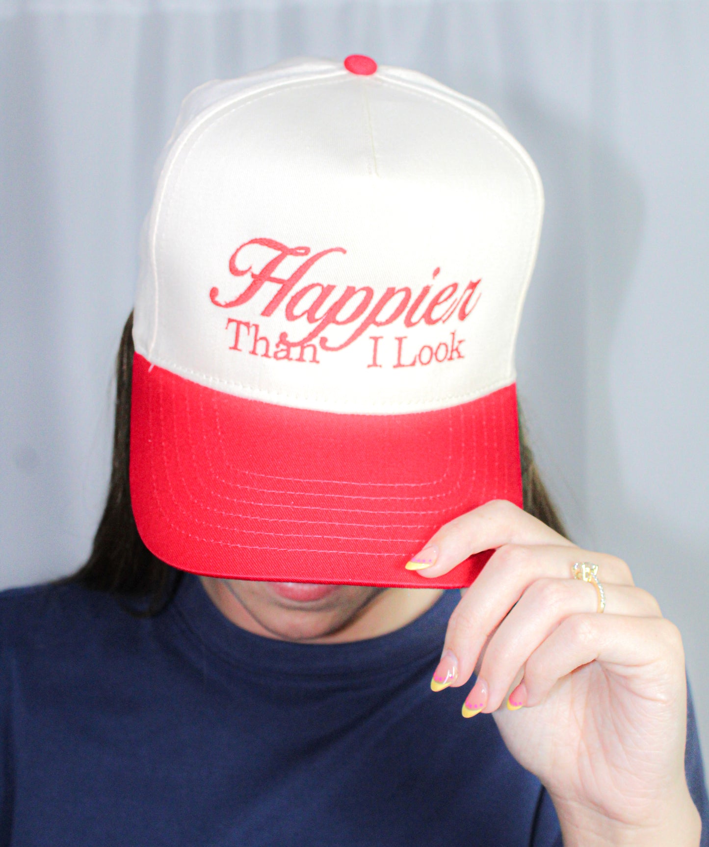 Happier Than I Look Embroidered Five Panel Twill Cap