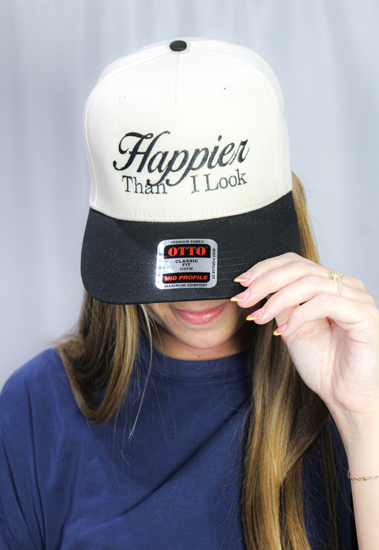 Happier Than I Look Embroidered Five Panel Twill Cap