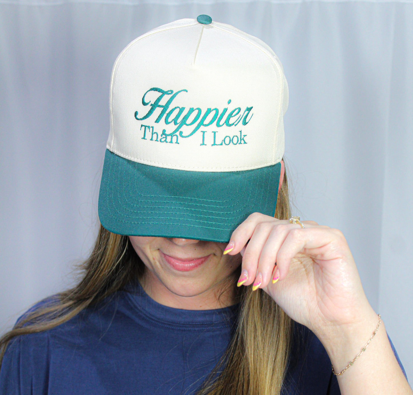 Happier Than I Look Embroidered Five Panel Twill Cap