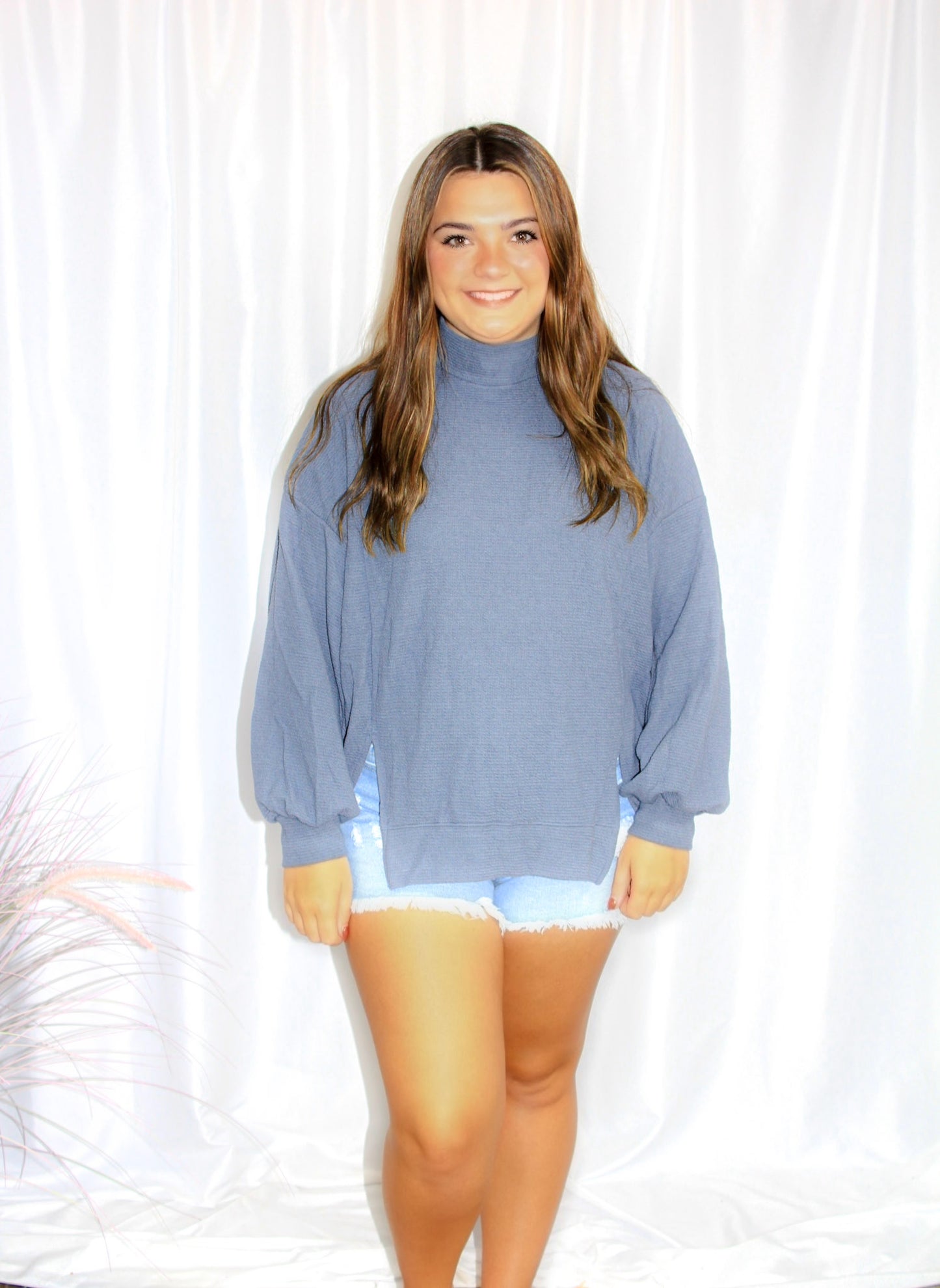 CLOUDY KNIT MOCK NECK CUFFED LONG SLEEVE TOP