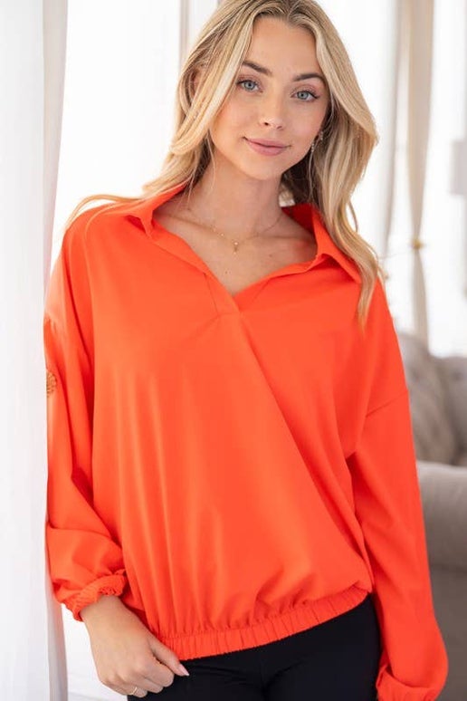 Long Sleeve Solid Woven Top: Orange