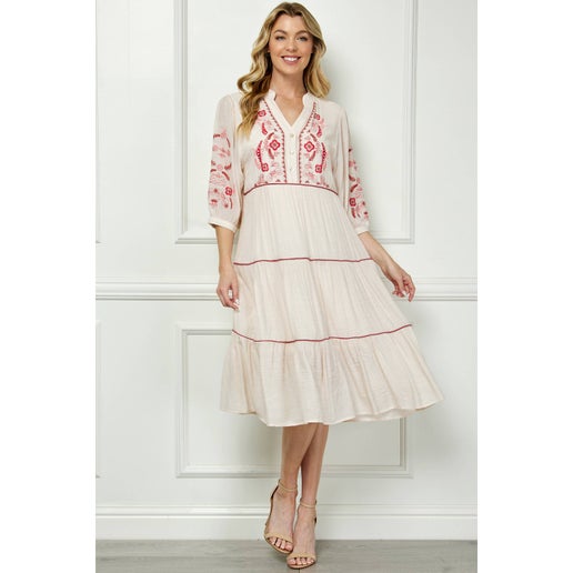 PUFF SLEEVE WITH MANDARIN COLLAR DRESS SIL-114: SAND/CORAL, XL
