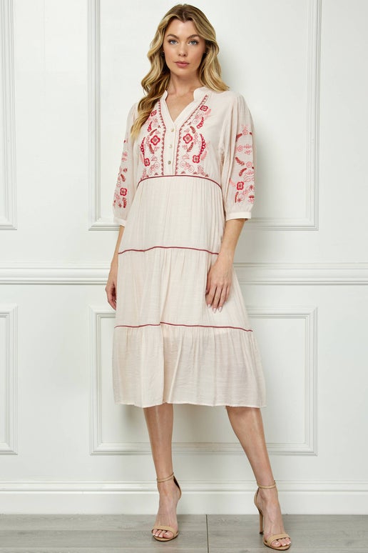 PUFF SLEEVE WITH MANDARIN COLLAR DRESS SIL-114: SAND/CORAL, XL