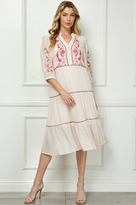 PUFF SLEEVE WITH MANDARIN COLLAR DRESS SIL-114: SAND/CORAL, XL