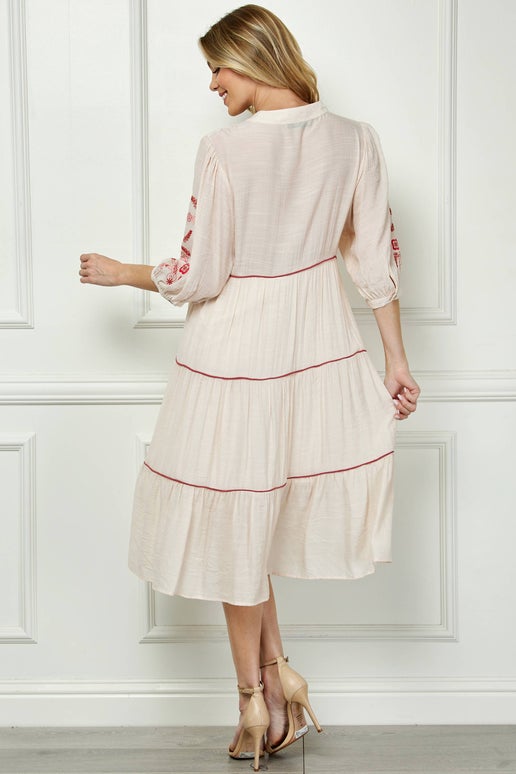PUFF SLEEVE WITH MANDARIN COLLAR DRESS SIL-114: SAND/CORAL, XL