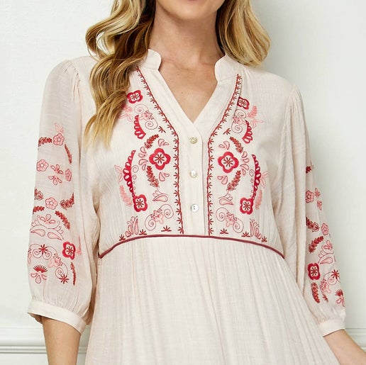 PUFF SLEEVE WITH MANDARIN COLLAR DRESS SIL-114: SAND/CORAL, XL