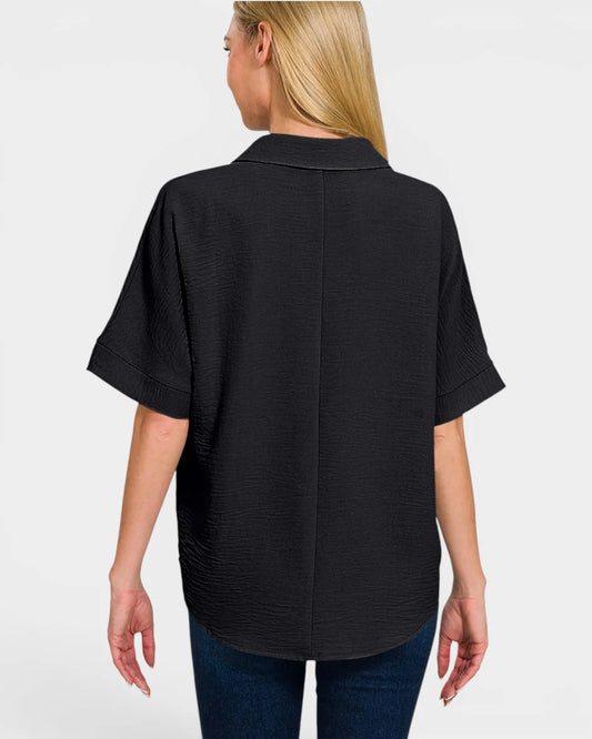 Woven Airflow Collared V neck Shortsleeve Top
