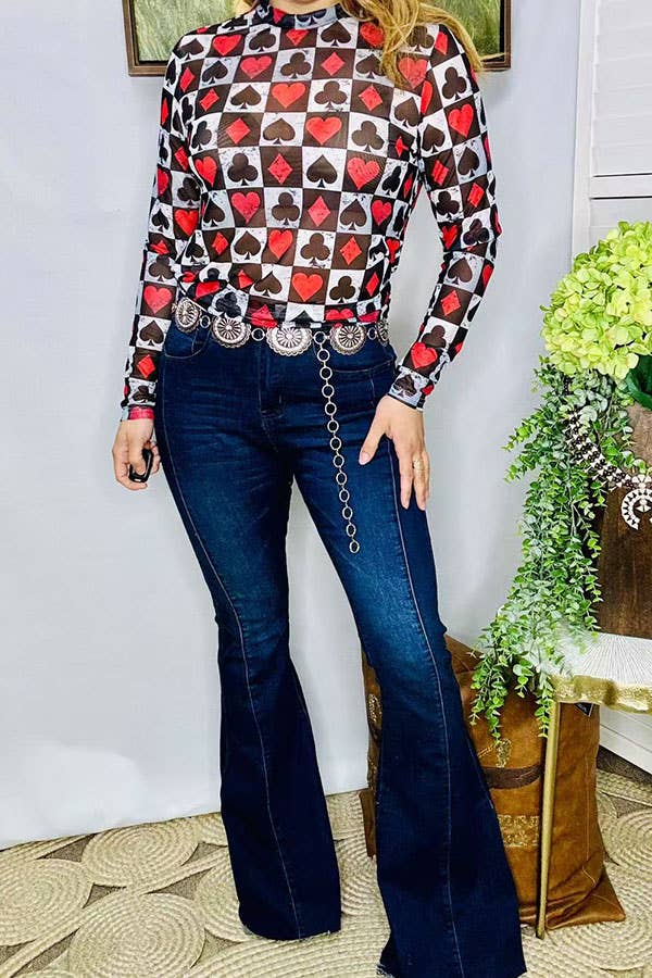 Women's poker printed long sleeve mesh top XCH16104