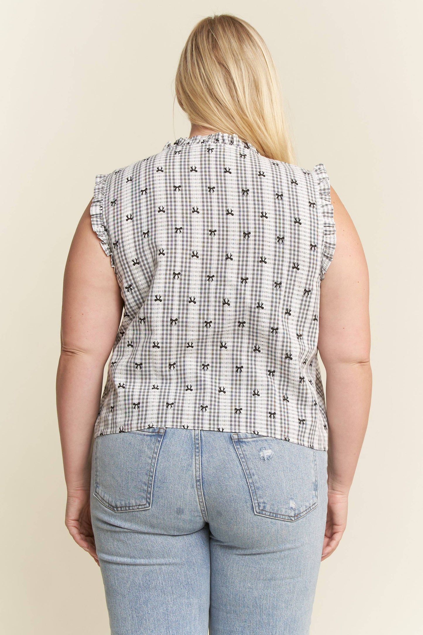 PLUS SIZE BOW PRINT PLAID TIE FRONT TOP