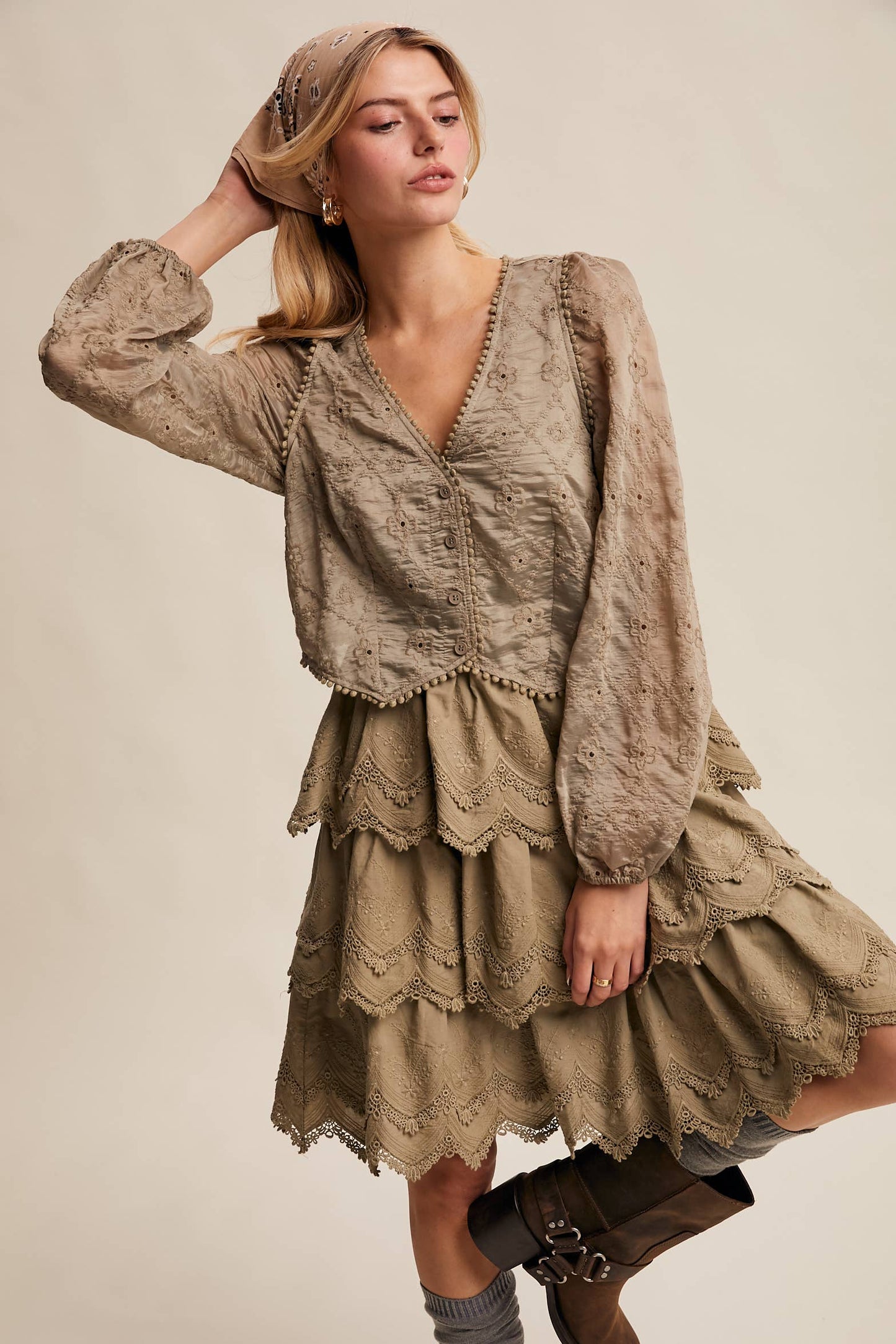 Tiered Scallop Embroidered Mini Dress