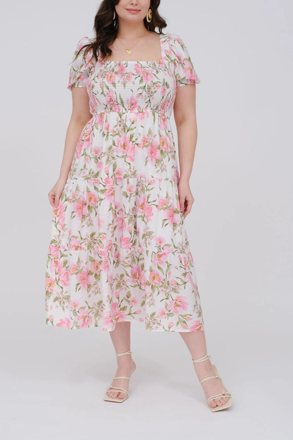Plus Floral Smocked Bust Midi Dress- PINK