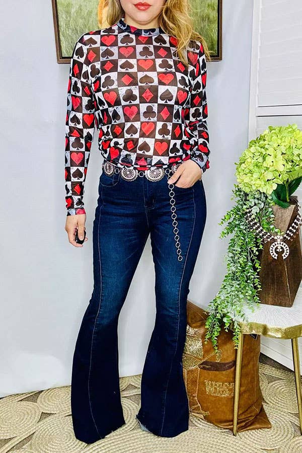 Women's poker printed long sleeve mesh top XCH16104