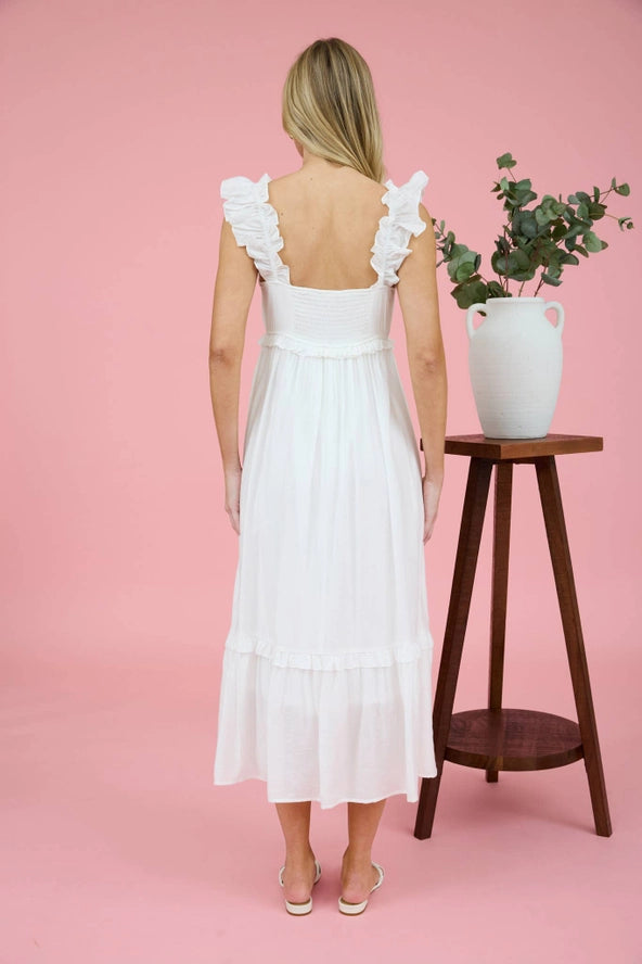 Ruffle Detail Sleeveless Midi Dress- WHITE