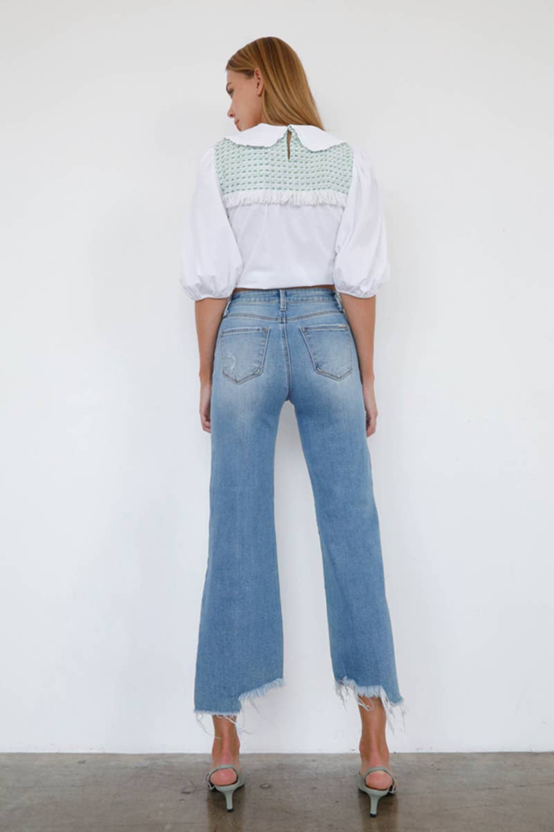 Uneven Raw Hem Crop Flare Jeans