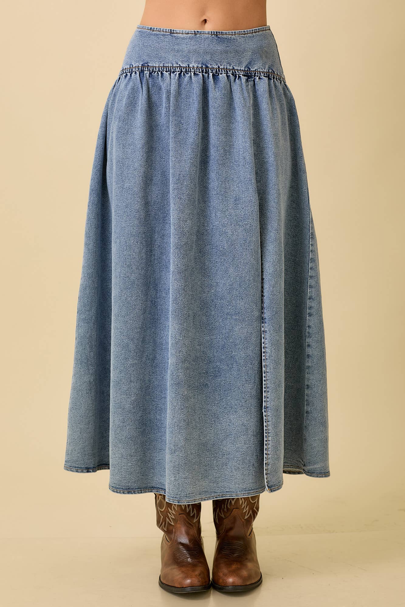 Midi Denim Skirt With Center Thigh Slit