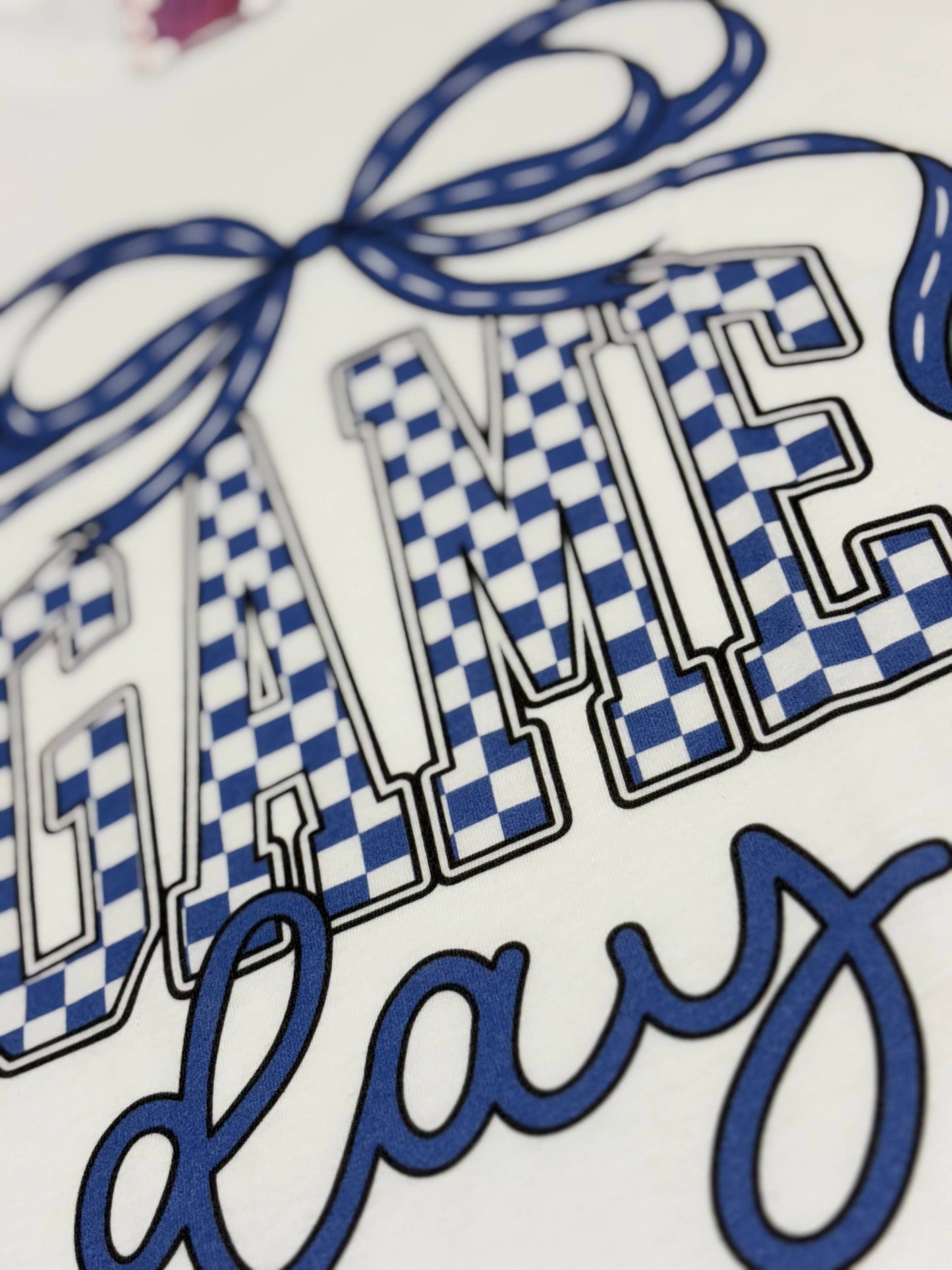 Game Day Blue Checkered Bow White T-Shirt