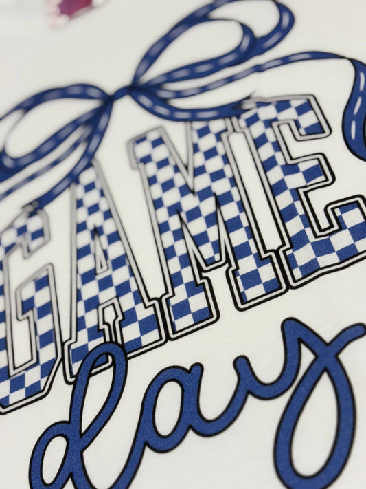 Game Day Blue Checkered Bow White T-Shirt