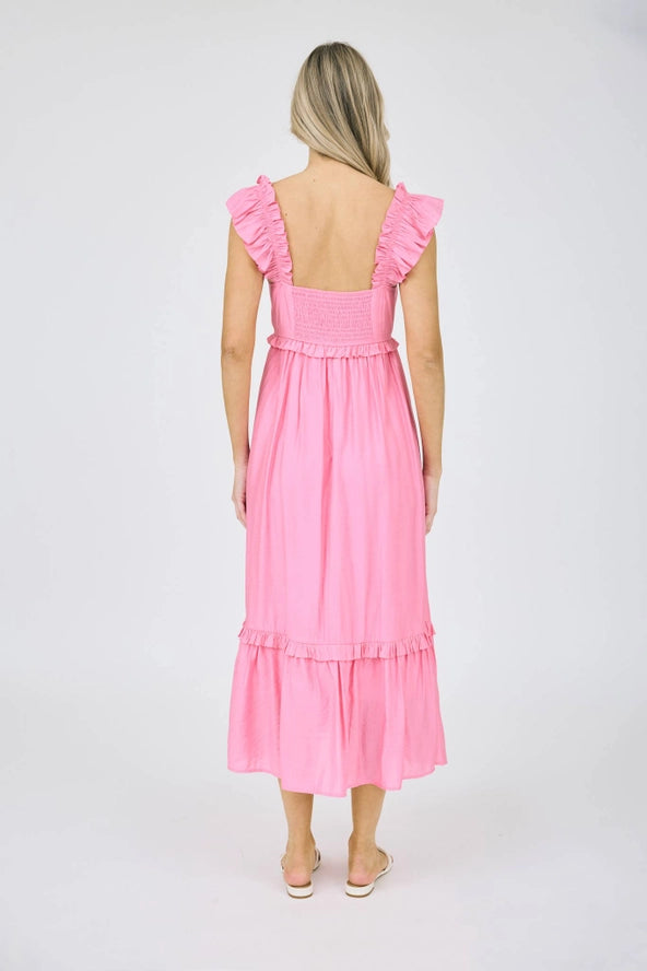 Ruffle Detail Sleeveless Midi Dress- PINK