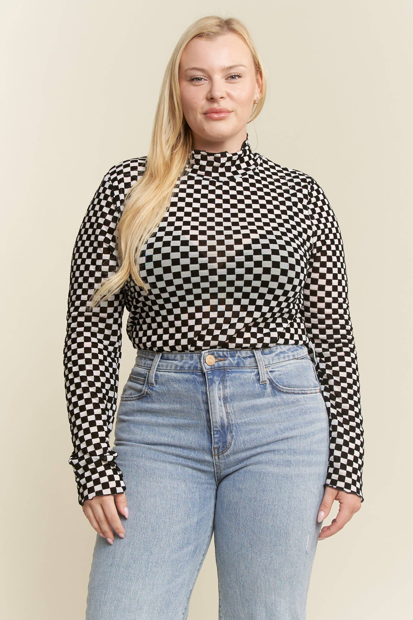 PLUS SIZE LONG SLEEVE CHECKERED MESH MOCK NECK TOP