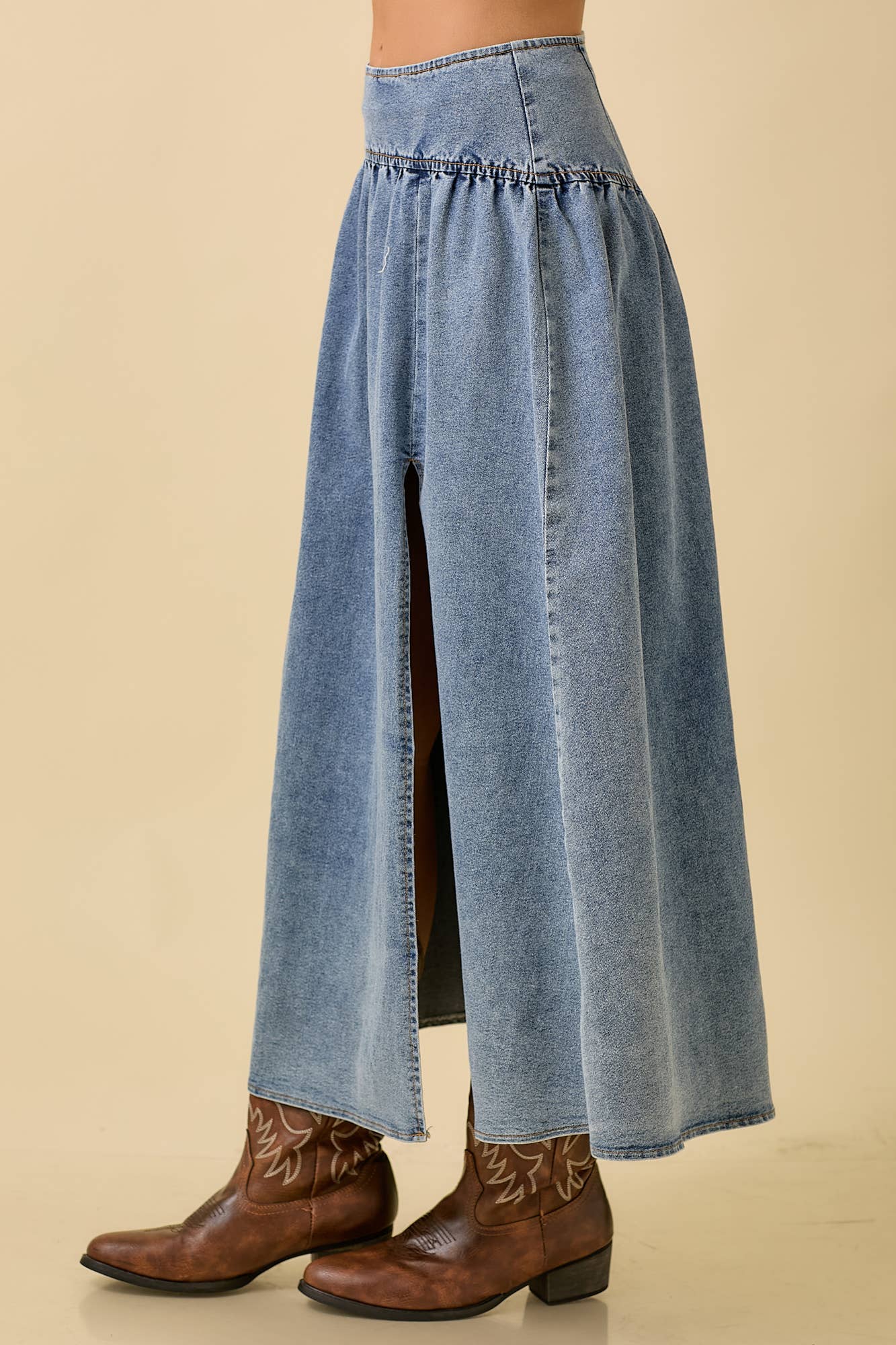 Midi Denim Skirt With Center Thigh Slit
