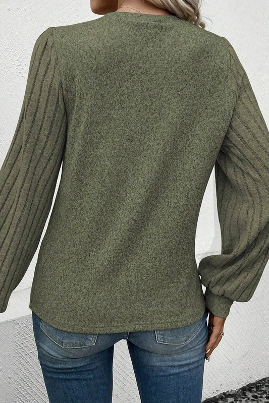 Contrast Ribbed Bishop Sleeve Top