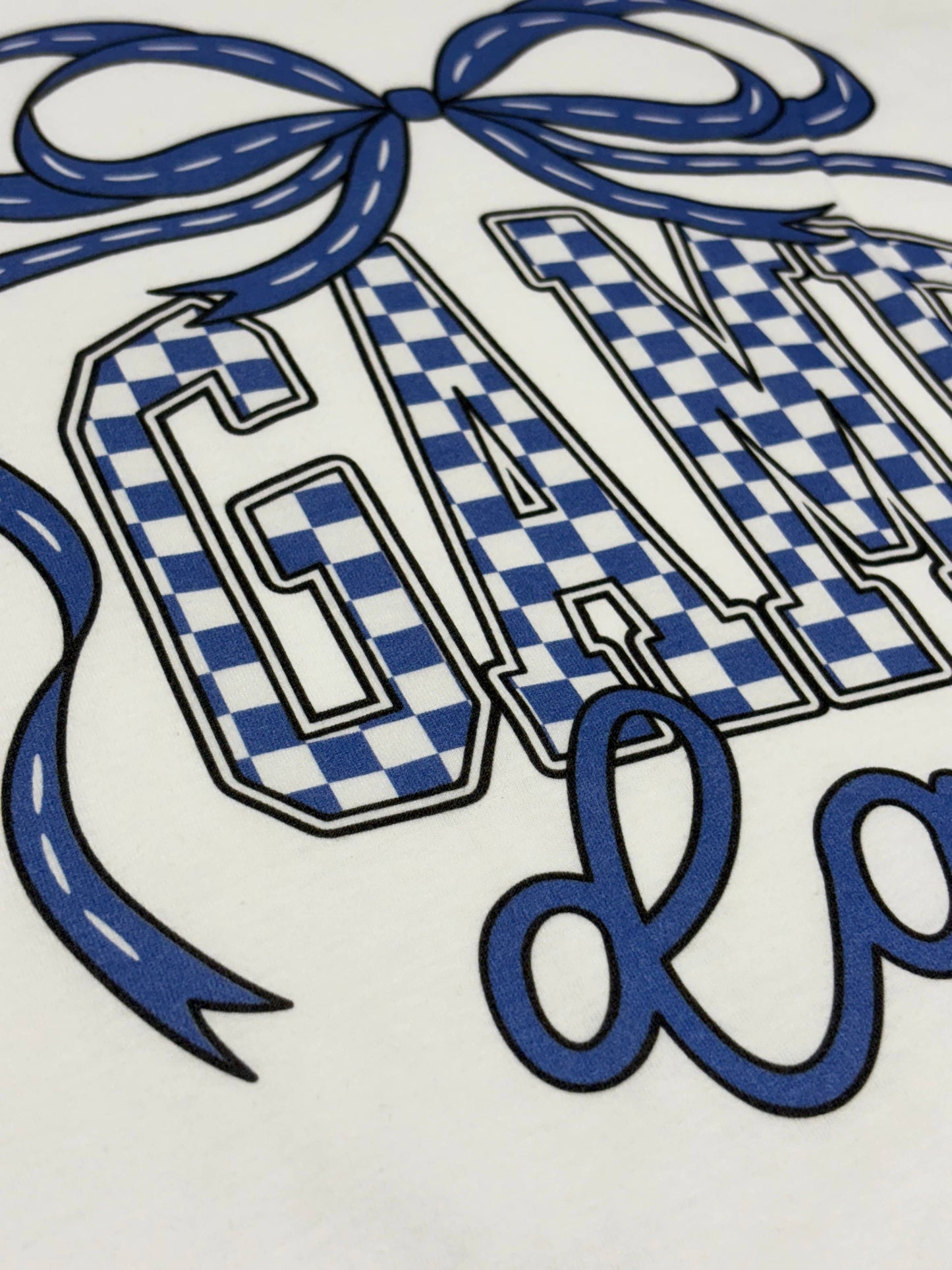 Game Day Blue Checkered Bow White T-Shirt