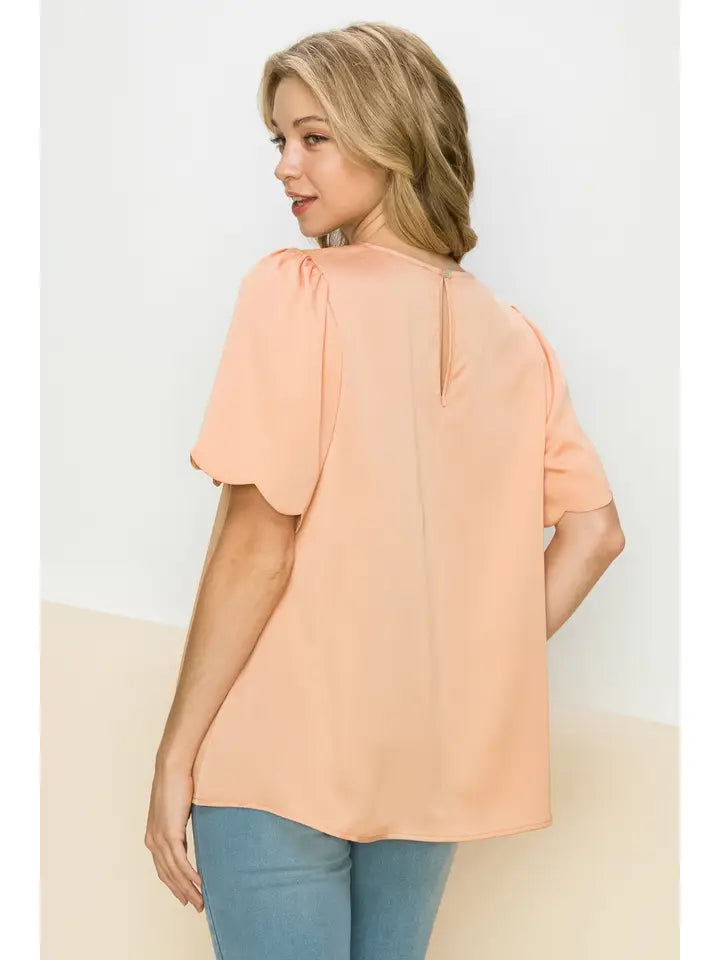 Scalloped V Neck Blouse: Grapefruit