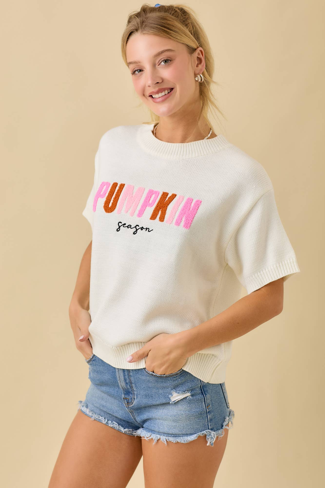 Pumpkin Season Embroidered Short Sleeve Boxy Sweater Top