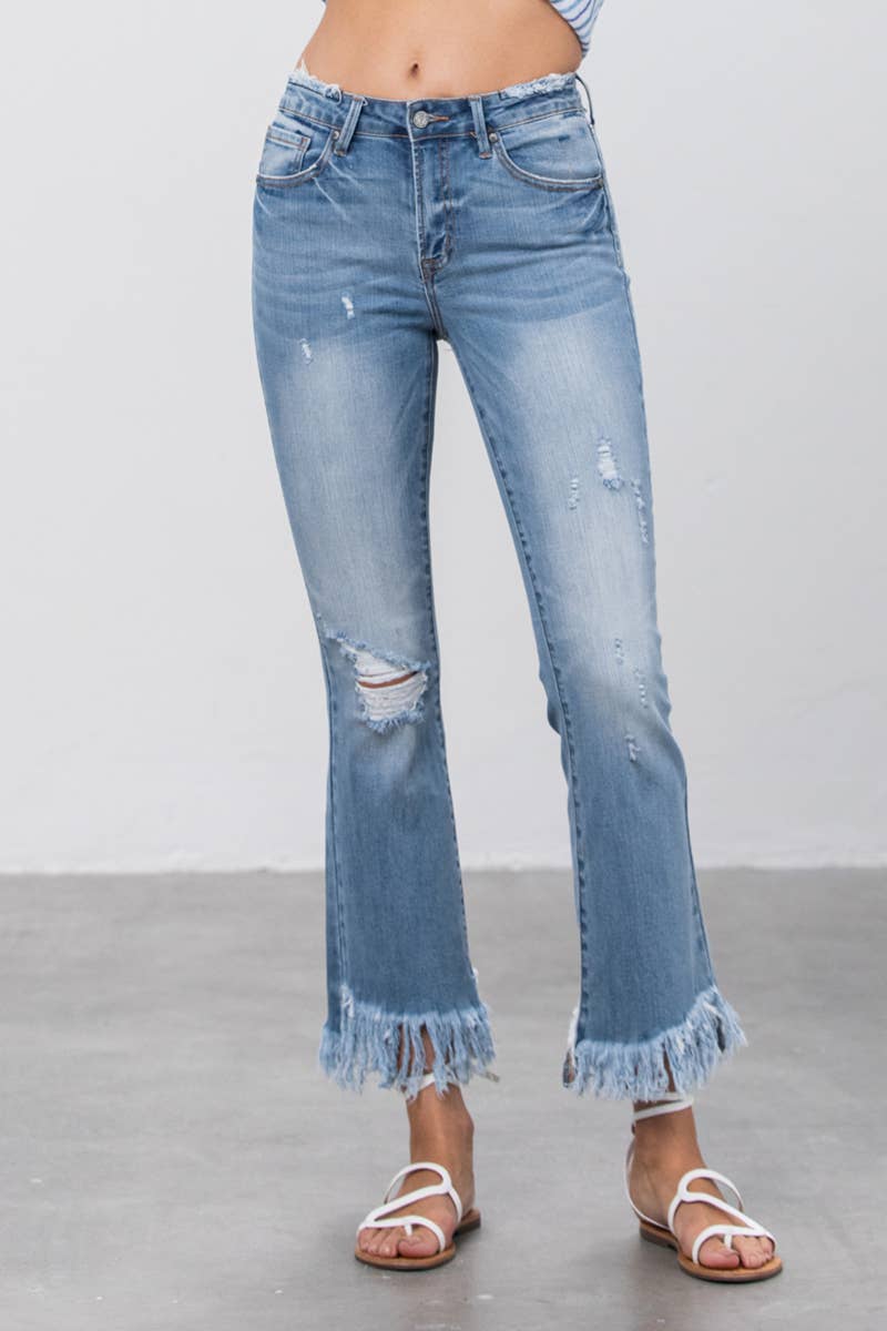 Mid Rise Long Bottom Frayed Crop Flare Jeans