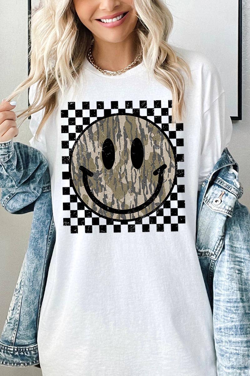 Retro Camo Smiley Face Graphic Heavy Cotton Tee