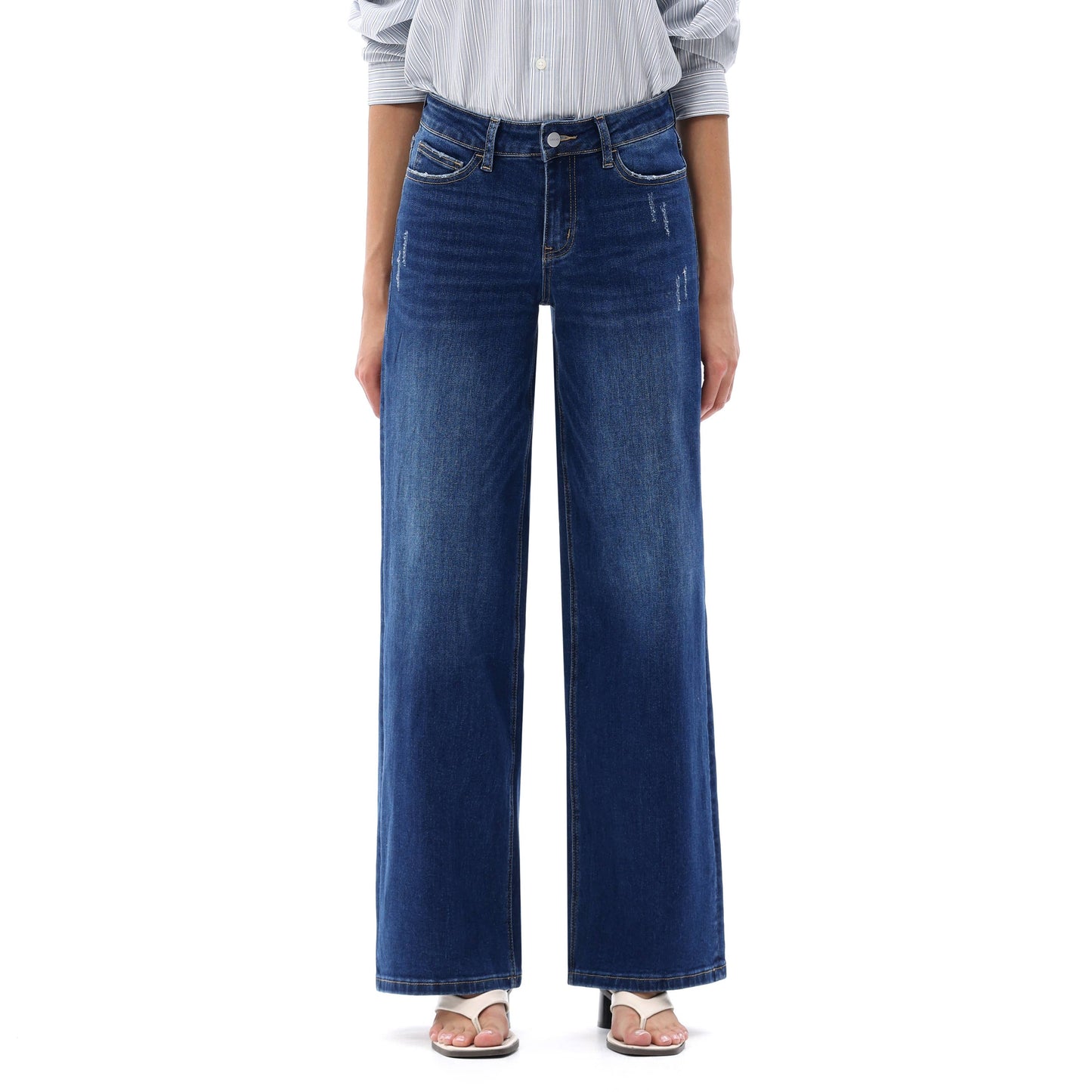 Mid Rise Wide Leg Jeans Relaxed Distressed Denim BG8001