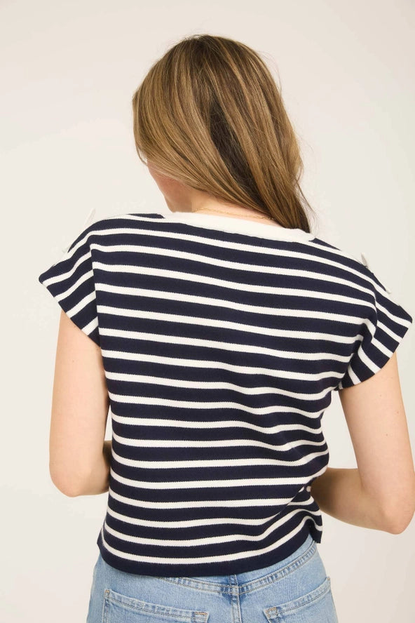 Stripe Bow Detail Knit Top- NAVY