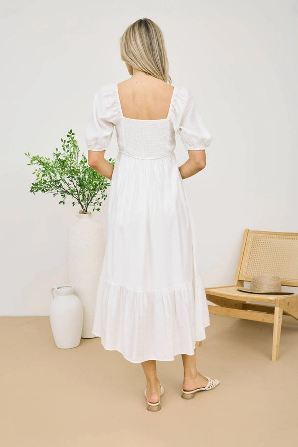 Pleated Puff Sleeve Midi Dress- OFF WHITE