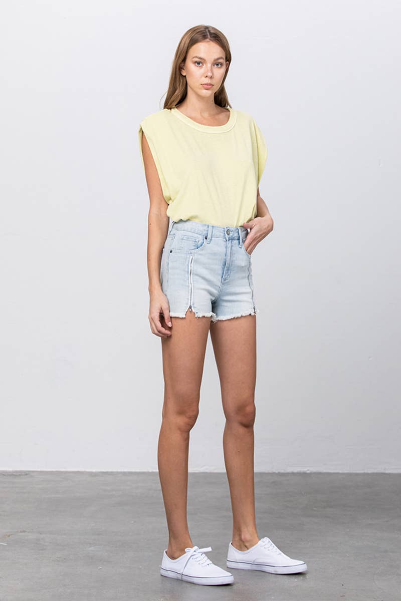 High Rise Front Zip Frayed Hem Denim Shorts