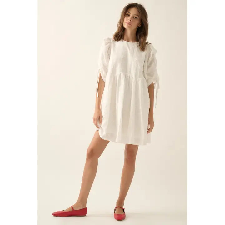 Bow-Embroidered Ruched-Sleeve Babydoll Mini Dress : Off-white