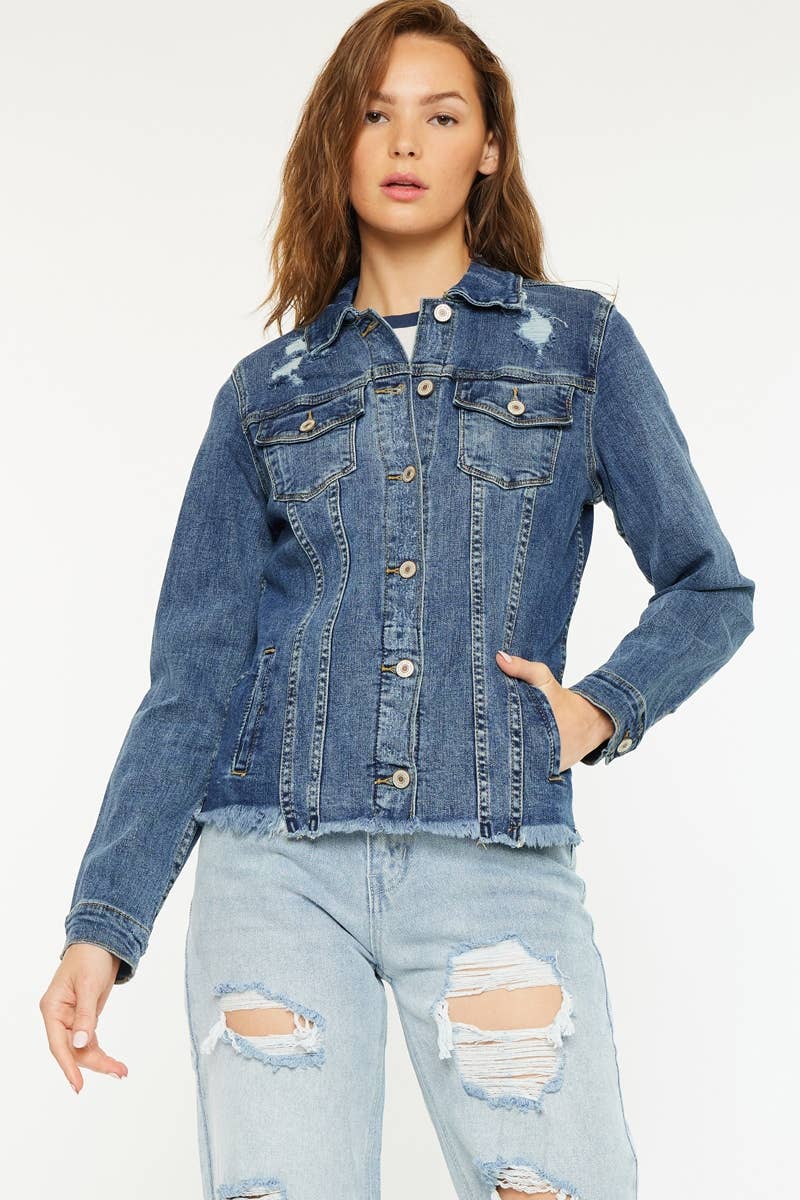 FRAY HEM TRUCKER COMFORT STRETCH DENIM JACKET