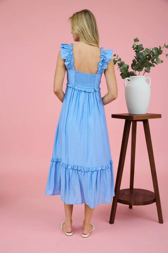 Ruffle Detail Midi Dress- BLUE