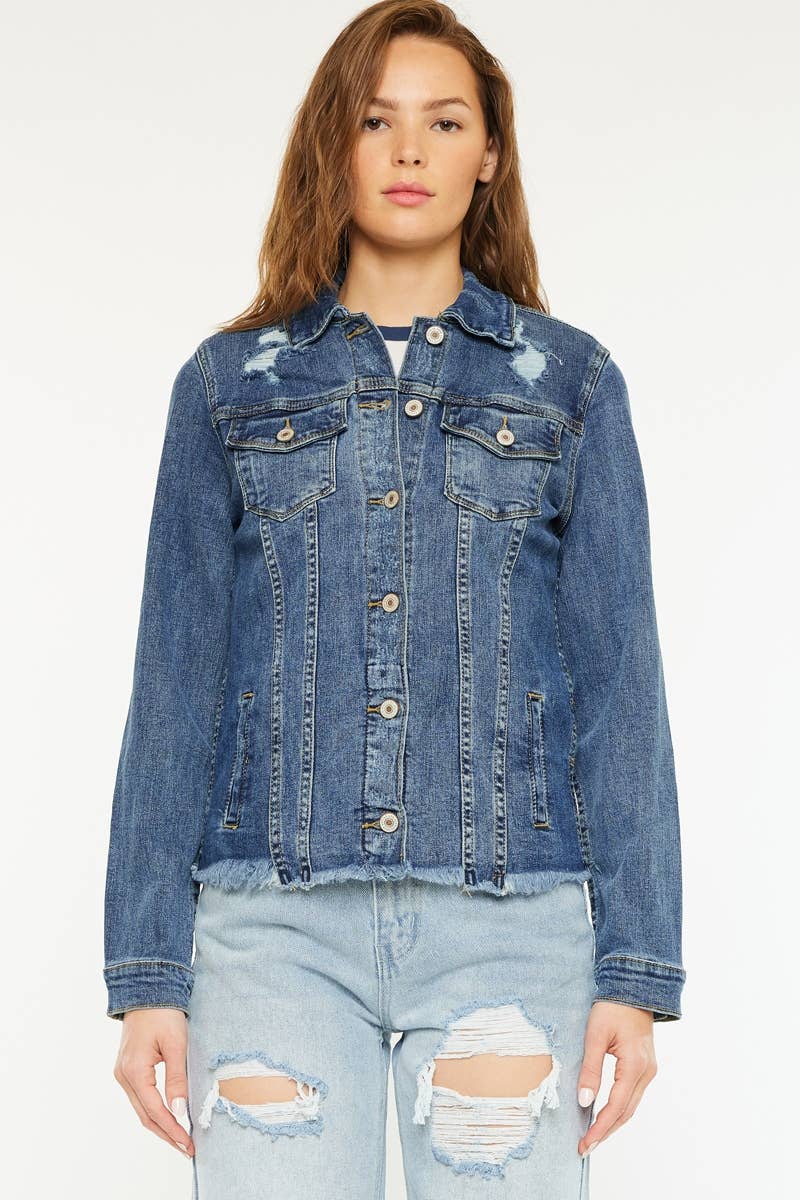 FRAY HEM TRUCKER COMFORT STRETCH DENIM JACKET